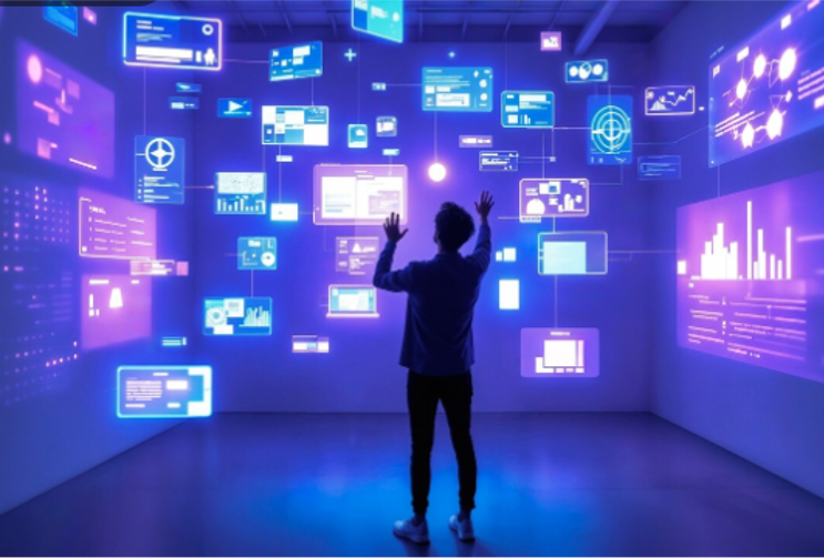 Multiple glowing holographic screens in the Agile Certification Institute