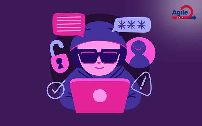 Illustrated hacker with laptop and cybersecurity icons.